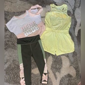 Girls size 4 three piece athletic bundle puma romper and Bebe athletic leggings